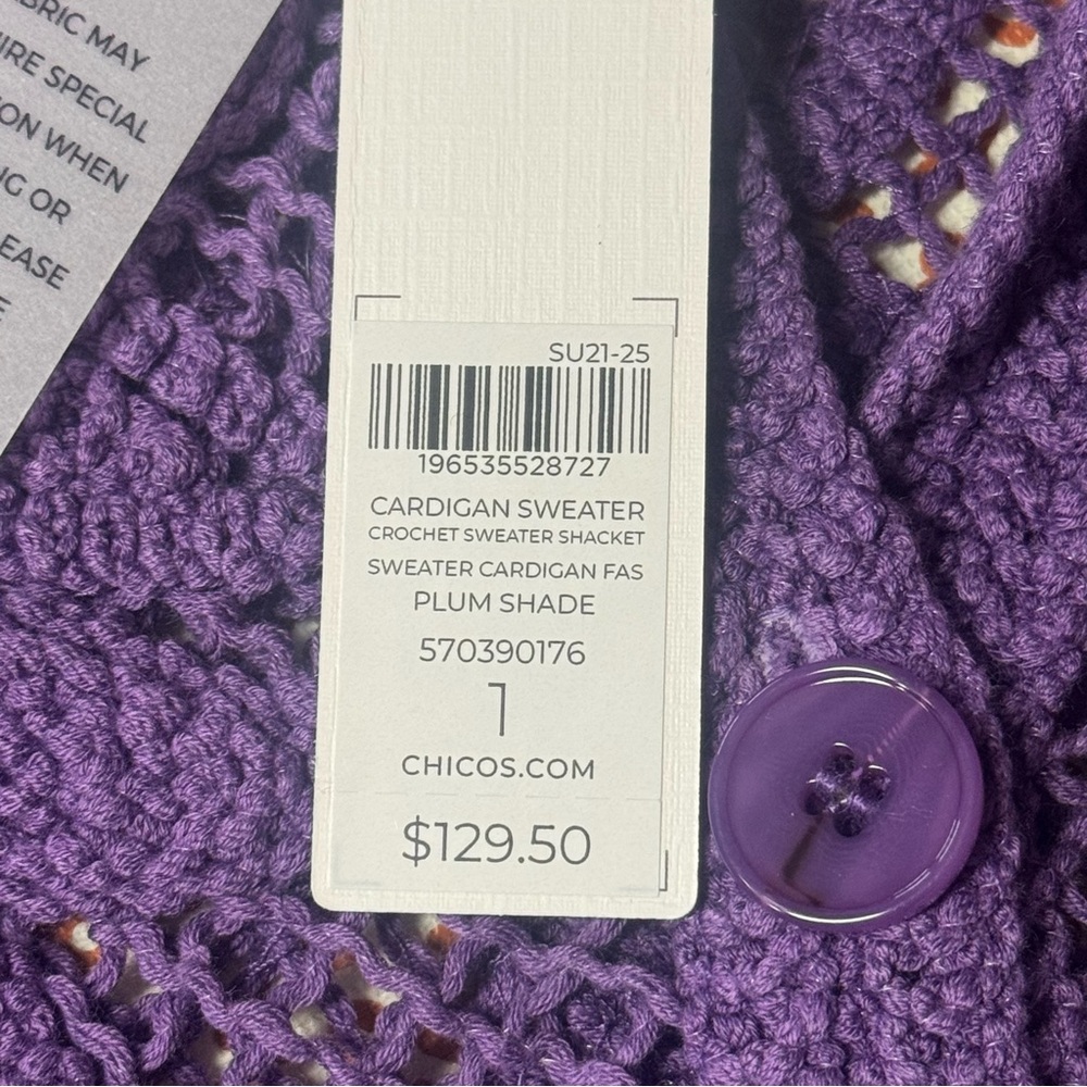 Chicos New Womens M Purple Cotton Blend Palm Frond Crochet Lace Shacket Cardigan - Picture 10 of 10